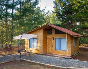 uma pequena cabina de madeira com uma mesa e um guarda-chuva em Eco Cabañas Algarrobo em Algarrobo