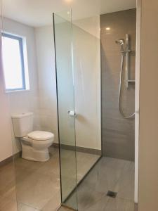 a bathroom with a toilet and a glass shower stall at Minaret Ridge Retreat in Wanaka