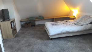 Schlafzimmer mit einem Bett und einem Flachbild-TV in der Unterkunft La mouette in Ploeren