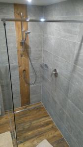 a shower with a glass door in a bathroom at Haus Bergkristall in Sankt Anton am Arlberg