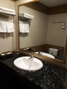 La salle de bains est pourvue d'un lavabo, d'un miroir et d'une baignoire. dans l'établissement Song Huong Hue Hotel, à Hue
