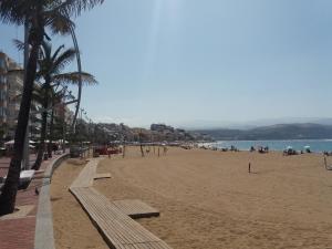 einen Strand mit Palmen und Menschen darauf in der Unterkunft Leps Primera Linea las Canteras in Las Palmas de Gran Canaria