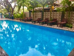 a swimming pool with chairs and blue water at Rivasa Resort 5 mins to Calangute Beach in Calangute