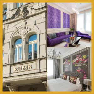 eine Collage mit drei Bildern eines Wohnzimmers in der Unterkunft Rubin Luxury Apartments in Karlsbad