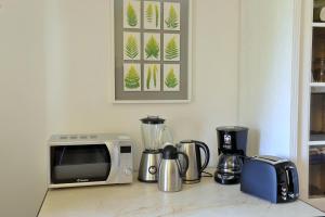 a kitchen counter with a microwave and some appliances at The House Aunt Regina in Dragove