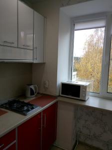 ヤロスラヴリにあるApartment on Bogdanovicha 8の小さなキッチン(電子レンジ付)、窓が備わります。