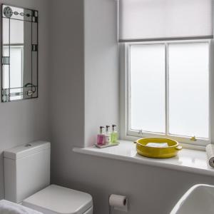 a bathroom with a toilet and a sink and two windows at Llety Brynawel Guest House in Pennal