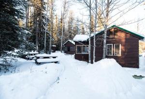 una cabaña de madera en la nieve con un banco de picnic en HI Maligne Canyon - Hostel en Jasper