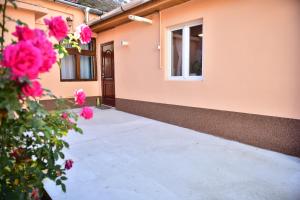 une maison avec des fleurs roses devant une passerelle dans l'établissement Old City Studio, à Sibiu
