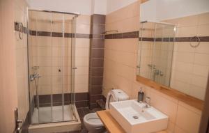 a bathroom with a sink and a shower and a toilet at Aperanto House Paralia Loutsas in Loutsa +41 photos