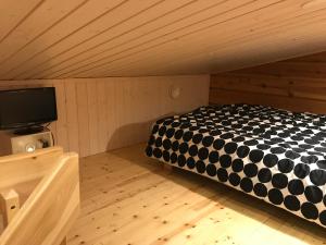 KeminmaaにあるRiverside Cottage Aalto Borealisのベッドルーム1室(ベッド1台、テレビ付)