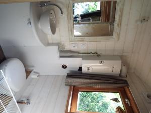 a small bathroom with a sink and a toilet at Tiny House "Les Vallées" in Saint-Quentin-sur-le-Homme