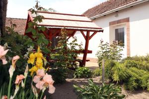 einen Garten mit Pavillon und ein paar Blumen in der Unterkunft Írisz Apartmanház in Mórahalom