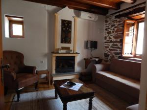 a living room with a couch and a fireplace at Seirios in Vyzitsa