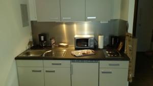 a kitchen with a sink and a microwave on a counter at Studio am Waltenberg in Winterberg