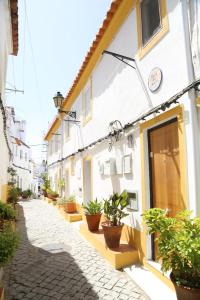 a street with potted plants on the side of a building at Casa da Avó in Elvas