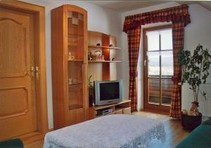 ein Wohnzimmer mit einem TV und einem Fenster in der Unterkunft Gästehaus Jäger in Mariapfarr