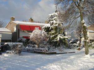 un árbol cubierto de nieve frente a una casa en Bed and Breakfast Oosterpark en Harlingen