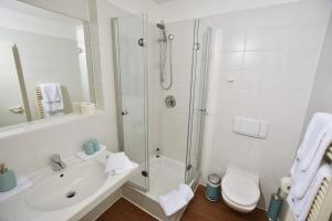 een badkamer met een douche, een wastafel en een toilet bij Restaurant & Logis Steuerndieb in Hannover