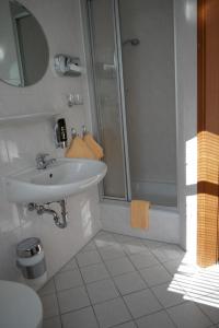 bagno con lavandino e doccia di Hotel Garni Brauhof Niederwiesa a Niederwiesa