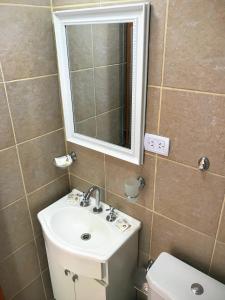 باتاغونيا أوسترال أبارتامينتوس في أوشوايا: حمام مع حوض و مرآة و مرحاض