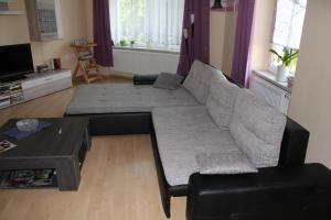 a living room with a couch and a coffee table at Ferienwohnung am Schunckpark in Dresden