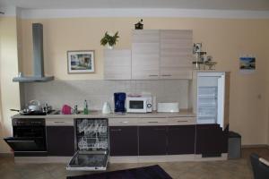 a kitchen with a stove and a microwave at Ferienwohnung am Schunckpark in Dresden