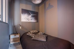ein Schlafzimmer mit einem Bett mit zwei Kissen darauf in der Unterkunft Oyonnappart in Oyonnax