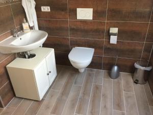 a bathroom with a toilet and a sink at Pension Wendler in Bedburg