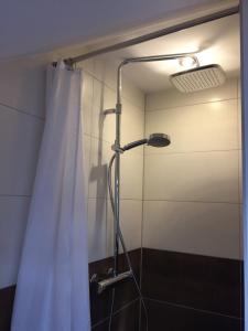 eine Dusche im Bad mit Duschvorhang in der Unterkunft Pension Wendler in Bedburg