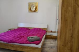 佩奇的住宿－Serendipity 2，一间卧室配有一张带紫色棉被的床