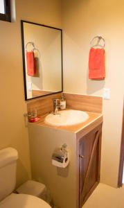 a bathroom with a sink and a mirror and a toilet at Cabañas San Isidro in Ángeles