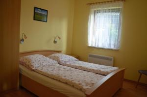 a bed in a bedroom with a window at Ferienwohnanlage Jan in Neuendorf