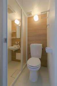 Łazienka z białą toaletą i umywalką w obiekcie Guest House Diphylleia Grayi w mieście Hatsukaichi