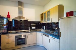 a kitchen with stainless steel appliances and brown cabinets at Luxe B&B Het Colmerhof in Deventer