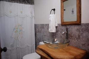 a bathroom with a bowl sink on a wooden counter at Cabañas Mis Viejos in Panguipulli