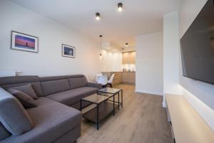 a living room with a couch and a flat screen tv at Mariacka Old Town Apartments in Szczecin