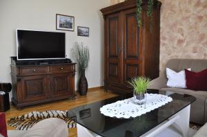 a living room with a flat screen tv on a table at Ferienhaus am Meisslberg in Bad Gleichenberg