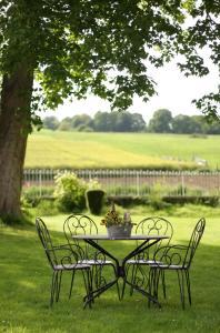 une table et des chaises dans l'herbe sous un arbre dans l'établissement La tourelle, à Vascoeuil