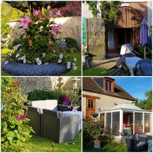 four pictures of a garden with flowers and a house at Résidence La Beauceronne in Ouarville