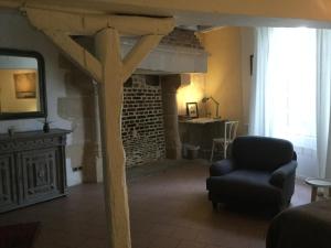 a living room with a chair and a fireplace at La petite maison d’à côté, au n°11 in Saint-Aignan