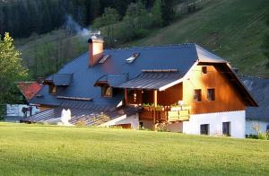 uma casa com um telhado preto num campo verde em Penzion Eliška em Petříkov