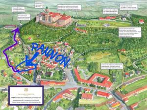 een kaart van een park met een kaart van een stad bij Pannon Panzió Restaurant in Pannonhalma