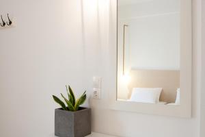 a mirror in a white room with a potted plant at Paris Studios & Apartment in Agia Paraskevi