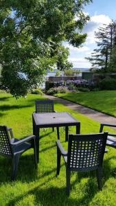 - une table de pique-nique et deux chaises dans l'herbe dans l'établissement Lakeside Loughrea, à Loughrea