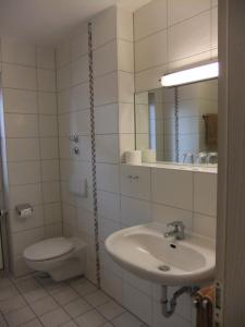 a bathroom with a sink and a toilet and a mirror at Hotel Garni Classico in Aschaffenburg