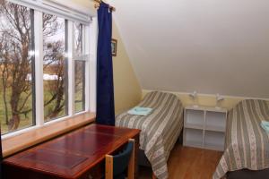 Habitación con 2 camas, escritorio y ventana. en Guesthouse Steindórsstadir, West Iceland en Reykholt