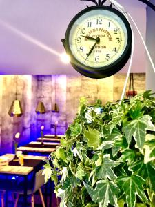 une horloge suspendue au-dessus d'une plante en pot dans un restaurant dans l'établissement Bourbon House, à Naples