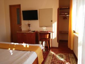 a hotel room with two beds and a television at Pension Casa Soarelui in Sinaia