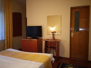 a hotel room with a bed and a flat screen tv at Pension Casa Soarelui in Sinaia